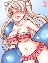 Rule 34 | 1girl, artist name, bikini, bikini skirt, blue background, blush, breasts, brown eyes, cleavage, commentary request, conte di cavour (kancolle), cosplay, cowboy shot, dated, gradient background, inflatable toy, kanon (kurogane knights), kantai collection, large breasts, long hair, maestrale (kancolle), maestrale (kancolle) (cosplay), navel, nose blush, one-hour drawing challenge, one eye closed, pink bikini, solo, sweat, swimsuit, two side up, white hair