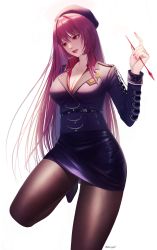 Rule 34 | 1girl, absurdres, bad id, bad pixiv id, belt, beret, black pantyhose, blazer, breasts, chain, cleavage, collared shirt, fate/grand order, fate (series), hat, highres, holding, huge filesize, jacket, large breasts, leg up, lichiko, long hair, long sleeves, miniskirt, nail polish, pantyhose, parted lips, pencil skirt, purple hair, red eyes, red lips, red nails, red shirt, scathach (fate), scathach (true crimson spear trainer) (fate), shiny clothes, shirt, skirt, solo, standing, standing on one leg, twitter username, white background, wing collar