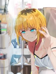 Rule 34 | 1girl, bare shoulders, blonde hair, blue eyes, camisole, closed mouth, collarbone, commentary request, depth charge, earrings, funi mu9, highres, indoors, jewelry, lens flare, mem-cho, mirror, multicolored hair, no pupils, oshi no ko, reflection, roots (hair), short hair, sidelocks, solo, spaghetti strap, strap slip, stud earrings, upper body, white camisole