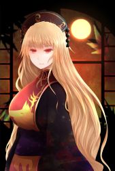Rule 34 | 1girl, arano oki, black dress, blonde hair, breasts, chinese clothes, closed mouth, crescent, dress, expressionless, from side, hat, junko (touhou), large breasts, long hair, long sleeves, looking at viewer, looking to the side, red eyes, sash, solo, sun, tabard, touhou, very long hair, wide sleeves