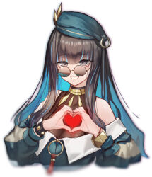 Rule 34 | 1girl, bare shoulders, beret, black hair, blue hair, bracelet, breasts, colored inner hair, eyeliner, fate/grand order, fate (series), green hat, green jacket, grey eyes, grin, hat, heart, heart hands, highres, jacket, jewelry, long hair, long sleeves, looking at viewer, makeup, medium breasts, multicolored hair, neck ring, o-ring, off shoulder, round eyewear, sidelocks, smile, solo, sunglasses, tenochtitlan (fate), tenochtitlan (second ascension) (fate), ura illust, wavy hair, zipper