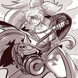 Rule 34 | 1girl, absurdres, amputee, arm cannon, baiken, big hair, breasts, cannon, cleavage, clenched teeth, facial tattoo, guilty gear, guilty gear strive, gun, highres, hip cannon, hip firing, hip gun, large breasts, monochrome, one-eyed, smoking pipe, pipe in mouth, ponytail, samurai, scar, scar across eye, scar on face, scruffyturtles, smoking, tattoo, teeth, weapon