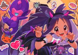 Rule 34 | 1girl, :d, abe (kumayu), ariados, armlet, black dress, black hairband, candy, candy cane, candy wrapper, claw pose, commentary request, creatures (company), dark-skinned female, dark skin, doughnut, dress, eyelashes, food, game freak, gen 2 pokemon, gen 6 pokemon, gen 7 pokemon, hair rings, hairband, halloween, hands up, heart, highres, iris (fall 2022) (pokemon), iris (pokemon), long hair, nintendo, official alternate costume, open mouth, poipole, pokemon, pokemon (creature), pokemon masters ex, pumpkaboo, purple hair, red eyes, smile, spinarak, teeth, tongue, twintails, ultra beast, upper teeth only, wrist cuffs