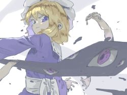 Rule 34 | 1girl, back bow, blonde hair, bow, disembodied hand, feet out of frame, from behind, gap (touhou), hat, long sleeves, looking at viewer, maribel hearn, mob cap, nama udon, purple eyes, purple shirt, purple skirt, shirt, short hair, skirt, touhou, white background