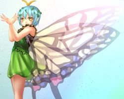 Rule 34 | 1girl, antennae, aqua hair, blush, butterfly wings, closed mouth, dress, eternity larva, fairy, gradient background, green dress, hair between eyes, highres, insect wings, leaf, leaf on head, multicolored clothes, multicolored dress, one-hour drawing challenge, short hair, short sleeves, shounen (hogehoge), smile, solo, touhou, wings, yellow eyes