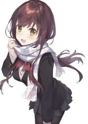 Rule 34 | 1girl, blush, bow, brown hair, long hair, looking at viewer, open mouth, original, pantyhose, pleated skirt, rimo, scarf, simple background, skirt, solo, white background, yellow eyes