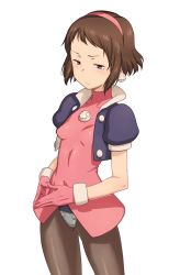 Rule 34 | 1girl, blush, breasts, brown hair, buttons, capcom, cosplay, cropped jacket, crotch plate, earrings, gloves, hairband, highres, hyouka, ibara mayaka, jewelry, mega man (series), mega man legends (series), own hands together, pantyhose, pink gloves, pink hairband, puffy sleeves, red eyes, short hair, simple background, skull, small breasts, solo, tenchisouha, tron bonne (mega man), tron bonne (mega man) (cosplay), turtleneck, white background