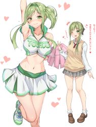 Rule 34 | +++, 1girl, ;d, absurdres, alternate costume, amagi (amagi626), armpits, beige sweater vest, blush, breasts, brown footwear, cheering, cheerleader, cleavage, closed mouth, collarbone, collared shirt, full body, green eyes, green hair, green hairband, hairband, hat, heart, highres, knees, loafers, long hair, long sleeves, looking at viewer, loose socks, medium breasts, microskirt, navel, necktie, one eye closed, open mouth, red necktie, school uniform, shirt, shoes, side ponytail, sidelocks, simple background, skirt, smile, sneakers, socks, standing, standing on one leg, stomach, sweat, sweatdrop, tate eboshi, teireida mai, touhou, translated, white background, white legwear, white shirt, wing collar