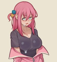 Rule 34 | 1girl, bagjunba (qkrgk198), black shirt, blue eyes, bocchi the rock!, breasts, bright pupils, commentary, corrupted twitter file, cube hair ornament, gotoh hitori, hair between eyes, hair ornament, highres, jacket, large breasts, long hair, one side up, pink hair, pink jacket, shadow, shirt, short sleeves, simple background, solo, sweat, symbol-only commentary, tan background, track jacket, upper body, white pupils