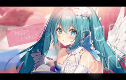 Rule 34 | 1girl, :o, aqua hair, bare shoulders, blue bow, blue eyes, blurry, blurry foreground, blush, bow, buckle, collar, collarbone, commentary, depth of field, elbow gloves, feathered wings, flower, food, fork, gloves, hair flower, hair ornament, happy birthday, hatsune miku, holding, holding fork, holding plate, letterboxed, long hair, looking at viewer, necomi, open mouth, plate, rose, sleeveless, solo, twintails, upper body, very long hair, vocaloid, white flower, white gloves, white rose, white wings, wings