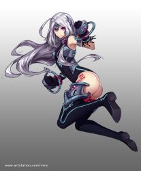 Rule 34 | 1girl, ahoge, ass, black thighhighs, breasts, clenched hand, full body, gloves, gradient background, grey background, hair ornament, leotard, long hair, looking at viewer, official art, purple eyes, small breasts, solo, standing, tattoo, thighhighs, very long hair, vixi c, watermark, web address
