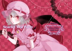 Rule 34 | 1girl, :o, bat wings, bow, cover, female focus, hat, hat bow, nanarinca, open mouth, puffy sleeves, red eyes, remilia scarlet, short sleeves, silver hair, slit pupils, solo, star (symbol), touhou, wings, wrist cuffs