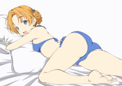 Rule 34 | 1girl, ass, bad id, bad twitter id, barefoot, bed sheet, bikini, black bow, blue bikini, blue eyes, bow, braid, breasts, girls und panzer, hair bow, highres, iwami kyuuto, knee up, looking at viewer, looking back, lying, hugging object, on bed, on stomach, open mouth, orange hair, orange pekoe (girls und panzer), parted bangs, pillow, pillow hug, short hair, side-tie bikini bottom, small breasts, smile, solo, swimsuit