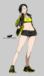 Rule 34 | 1girl, absurdres, black hood, ear piercing, highres, iwado anna, jacket, kamezaemon, multicolored hair, open clothes, open jacket, original, piercing, shoes, simple background, sneakers, solo, sports bra, toned
