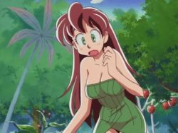 Rule 34 | 00s, 1girl, animated, animated gif, asagi marin, bare shoulders, bouncing breasts, breasts, brigadoon, brown hair, cleavage, dress, forest, green dress, green eyes, kimura takahiro, long hair, nature, aged up