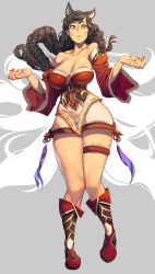 Rule 34 | 1girl, absurdres, ahri (league of legends), animal ears, bare shoulders, black hair, boots, braid, breasts, cleavage, collarbone, eureka brider, facial mark, fox ears, fox tail, full body, highres, korean clothes, large breasts, league of legends, long sleeves, looking at viewer, nail polish, off shoulder, parted lips, solo, tail, whisker markings, wide sleeves, yellow eyes