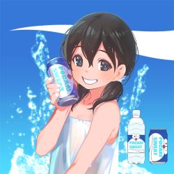 Rule 34 | 1girl, black hair, blue background, bottle, can, doraemon, drink can, grin, long hair, looking at viewer, minamoto shizuka, pocari sweat, popqn, smile, soda can, solo, twintails, water bottle, wet