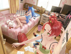 Rule 34 | 2girls, 35p (sakura miko), absurdres, alarm clock, alternate costume, alternate hair color, alternate hairstyle, asakura (asa t77), ass, bare legs, bare shoulders, barefoot, bed sheet, bedroom, blue bow, blue eyes, blue shirt, blue shorts, book, bow, breasts, calendar (object), cellphone, chair, cherry blossom print, clock, coca-cola, collarbone, commentary request, controller, cowboy shot, curtains, desk, dualshock, dutch angle, eyelashes, feet, floral print, forehead, full body, game controller, gamepad, gaming chair, green eyes, green shirt, green shorts, hair between eyes, hair bow, hair up, hand up, highres, holding, hololive, hoshimachi suisei, indoors, lamp, legs, lens flare, long hair, medium breasts, messy hair, microphone, multiple girls, nintendo switch, on bed, open mouth, phone, pillow, playstation controller, red bow, red hair, sakura miko, shirt, shorts, sleepwear, small breasts, smartphone, socks, socks removed, soda bottle, soles, standing, strap slip, stuffed animal, stuffed toy, swivel chair, thighs, tissue box, toes, trash can, virtual youtuber, white socks, window, wooden floor