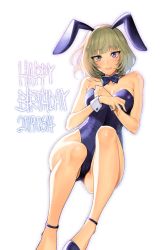 Rule 34 | 1girl, animal ears, bare arms, bare legs, blue bow, blue bowtie, blue bunny ears, blue eyes, blue footwear, blue leotard, blush, bow, bowtie, breasts, character name, clenched hand, closed mouth, detached collar, fake animal ears, feet out of frame, female focus, green eyes, green hair, happy birthday, heterochromia, high heels, highres, idolmaster, idolmaster cinderella girls, legs, leotard, lips, looking at viewer, medium breasts, mole, mole under eye, playboy bunny, rabbit ears, rabbit girl, short hair, shoukaki (earthean), simple background, smile, solo, strapless, strapless leotard, takagaki kaede, white background, wrist cuffs