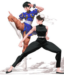 Rule 34 | absurdres, armlet, belt, black footwear, black pants, black shirt, blue dress, blue leotard, boots, bracelet, breasts, brown eyes, brown hair, brown pantyhose, bun cover, capcom, china dress, chinese clothes, chun-li, clenched hand, closed mouth, commentary, cosplay, costume switch, cross-laced footwear, double bun, dress, english commentary, facing viewer, fighting stance, flats, from side, full body, gold trim, green eyes, green hair, hair bun, heel up, highres, jewelry, jujutsu kaisen, knee boots, lace-up boots, leg up, leotard, leotard under clothes, light blush, looking to the side, medium breasts, medium hair, pants, pantyhose, pelvic curtain, puff of air, puffy short sleeves, puffy sleeves, scar, scar on arm, scar on face, scar on leg, shirt, short sleeves, simple background, sleeveless, sleeveless shirt, spiked bracelet, spikes, standing, standing on one leg, street fighter, swept bangs, tight clothes, white background, white belt, white footwear, wonbin lee, zen&#039;in maki