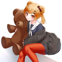 Rule 34 | 1girl, animal ears, arknights, bear ears, black jacket, blonde hair, blue dress, candy hair ornament, candy wrapper, commentary request, dress, feet out of frame, food-themed hair ornament, gummy (arknights), hair ornament, hairclip, highres, jacket, long sleeves, looking at viewer, neckerchief, hugging object, off shoulder, open clothes, open jacket, pantyhose, parted lips, red eyes, red pantyhose, rukinya (nyanko mogumogu), sailor collar, sailor dress, sitting, sleeves past wrists, solo, stuffed animal, stuffed toy, teddy bear, twintails, white background, white neckerchief, white sailor collar