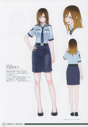 Rule 34 | 1girl, absurdres, angry, artbook, ass, bandai, bare legs, blush, breasts, brown hair, character sheet, date makiko, digimon, digimon story: cyber sleuth, female focus, full body, highres, long hair, looking at viewer, medium breasts, multiple views, official art, police, police uniform, scan, serious, solo, standing, translation request, uniform, wide hips, yasuda suzuhito