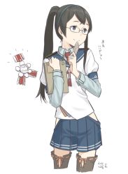 Rule 34 | 10s, 1girl, alternate hairstyle, artist name, black hair, black thighhighs, blue eyes, cowboy shot, dated, glasses, hairband, hakama, hakama short skirt, hakama skirt, hip vent, japanese clothes, kantai collection, kawashina (momen silicon), long hair, long sleeves, medal, ooyodo (kancolle), quill, ribbon-trimmed thighhighs, ribbon trim, school uniform, serafuku, side slit, simple background, skirt, smile, solo, thighhighs, twintails, white background