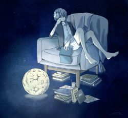 Rule 34 | 1boy, bare legs, barefoot, book, book stack, bracelet, chair, crater, highres, jewelry, map, moon, original, pencil, short hair, signature, sitting, solo, white hair, wide shot, yutsukidayo