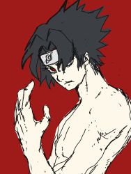 Rule 34 | 1boy, black hair, closed mouth, hair over one eye, headband, highres, lec him, looking at viewer, male focus, naruto, naruto (series), red background, red eyes, sharingan, simple background, sketch, solo, spiked hair, uchiha sasuke, upper body