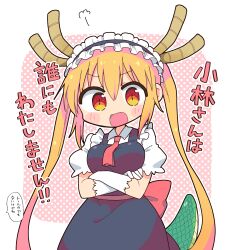 Rule 34 | puff of air, blonde hair, blue dress, blush stickers, breasts, collared shirt, commentary request, cowboy shot, crossed arms, dragon girl, dragon horns, dragon tail, dress, elbow gloves, gloves, hair between eyes, highres, horns, kobayashi-san chi no maidragon, large breasts, maid headdress, multicolored eyes, multicolored hair, open mouth, pinafore dress, puffy short sleeves, puffy sleeves, red eyes, red hair, richard (richaball), shirt, short sleeves, sleeveless, sleeveless dress, tail, terada tera (style), tohru (maidragon), translation request, two-tone hair, white gloves, white shirt, yellow eyes