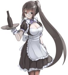 Rule 34 | 1girl, alcohol, alternate costume, apron, black dress, blush, bottle, breasts, brown pantyhose, cleavage, dress, enmaided, frilled apron, frills, highres, kantai collection, long hair, looking at viewer, maid, maid apron, maid headdress, medium breasts, nachi (kancolle), pantyhose, puffy short sleeves, puffy sleeves, redundant-cat, short sleeves, solo, tray, waist apron, white apron, wrist cuffs