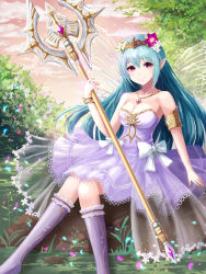 Rule 34 | 1girl, absurdres, aqua hair, armlet, bare shoulders, breasts, cleavage, cloud, dew (7302235), dress, fairy, fairy wings, full body, head wreath, highres, holding, holding staff, jewelry, kneehighs, long hair, looking at viewer, md5 mismatch, medium breasts, necklace, on rock, outdoors, pink sky, pointy ears, purple socks, resolution mismatch, sitting, sky, smile, socks, source smaller, staff, tree, white dress, wings