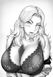 Rule 34 | 1girl, absurdres, bare shoulders, between breasts, blush, bra, breasts, cellphone, cleavage, colonel bakunyuu jagd panther, condom, condom in mouth, condom wrapper, female focus, head tilt, highres, huge breasts, ken buntei, kochikame, long hair, looking at viewer, monochrome, mouth hold, off-shoulder shirt, off shoulder, phone, seductive smile, shirt, simple background, smile, solo, underwear, upper body, white background, white eyes, white hair