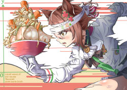 Rule 34 | 1girl, animal ears, ascot, bowl, brown hair, carrot, clover hair ornament, commentary request, fine motion (umamusume), food, gloves, green shirt, hair between eyes, hair ornament, highres, holding, holding food, horse ears, horse girl, jacket, long sleeves, multicolored hair, noodles, open mouth, ramen, rundymentos, running, shirt, short hair, solo, streaked hair, umamusume, white ascot, white gloves, white hair, white jacket, yellow eyes