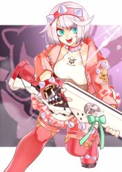 Rule 34 | 1girl, absurdres, ahoge, black gloves, boots, bracelet, breasts, collar, dress, elphelt valentine, fingerless gloves, frilled dress, frills, gloves, green eyes, guilty gear, guilty gear strive, gun, hairband, highres, holding, holding gun, holding weapon, huge ahoge, jacket, jewelry, large breasts, long sleeves, looking at viewer, mabost23, open mouth, pink dress, pink footwear, pink hairband, pink jacket, short hair, skull print, spiked bracelet, spiked collar, spiked hairband, spiked jacket, spikes, standing, standing on one leg, thigh boots, two-tone dress, weapon, white dress, white hair