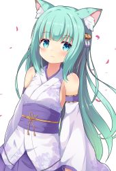 Rule 34 | 1girl, :&lt;, animal ear fluff, animal ears, bare shoulders, bell, blue eyes, blush, breasts, cat ears, closed mouth, commentary request, detached sleeves, floral print, green hair, hair bell, hair ornament, japanese clothes, jingle bell, kimono, long hair, long sleeves, looking at viewer, nekono rin, obi, original, petals, print kimono, purple skirt, sash, skirt, sleeveless, sleeveless kimono, small breasts, solo, very long hair, white background, white kimono, wide sleeves