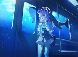 1girl ahoge bag black_skirt blue_archive blue_eyes blue_theme blush dot_nose fang gusim halo hand_grip heterochromia highres holding holding_bag hoshino_(blue_archive) long_hair long_sleeves necktie open_mouth pink_hair pink_halo pleated_skirt shirt skirt solo standing train_interior underwater whale white_shirt window writing_on_wall yellow_eyes