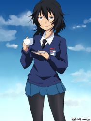 Rule 34 | 10s, 1girl, :|, alternate costume, alternate hairstyle, andou (girls und panzer), black hair, black necktie, black pantyhose, blue skirt, blue sweater, brown eyes, chikomayo, closed mouth, cloud, cloudy sky, commentary request, cup, dark-skinned female, dark skin, day, dress shirt, emblem, girls und panzer, holding, holding cup, long sleeves, looking at viewer, medium hair, messy hair, miniskirt, necktie, one-hour drawing challenge, outdoors, pantyhose, partial commentary, pleated skirt, ponytail, saucer, school uniform, shirt, skirt, sky, solo, st. gloriana&#039;s (emblem), st. gloriana&#039;s school uniform, standing, sweater, teacup, twitter username, v-neck, white shirt, wing collar