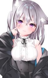 Rule 34 | 1girl, animal ear fluff, animal ears, bare shoulders, black hair, black jacket, black skirt, blue nails, blush, breasts, closed mouth, commentary request, ear down, finger to cheek, grey hair, hair between eyes, hand up, high-waist skirt, highres, jacket, komomo (ptkrx), long hair, long sleeves, medium breasts, multicolored hair, nail polish, off shoulder, open clothes, open jacket, original, puffy long sleeves, puffy sleeves, purple eyes, shirt, skirt, sleeveless, sleeveless shirt, sleeves past wrists, smile, solo, streaked hair, upper body, white shirt