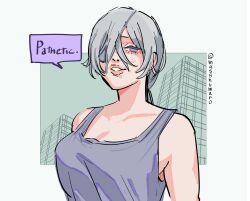 Rule 34 | 1girl, absurdres, breasts, chainsaw man, eyepatch, grey hair, grey tank top, highres, long hair, looking at viewer, masshumaro, medium breasts, parted lips, ponytail, quanxi (chainsaw man), simple background, solo, speech bubble, tank top, twitter username, white background
