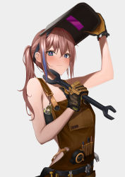 Rule 34 | 1girl, absurdres, alter sang, aqua hair, arm up, blue eyes, girls&#039; frontline, gloves, hammer, highres, holding, holding wrench, charm (object), m4a1 (girls&#039; frontline), multicolored hair, official alternate costume, overalls, pen, pink hair, ponytail, st ar-15 (breeze in a summer afternoon) (girls&#039; frontline), st ar-15 (girls&#039; frontline), strapless, streaked hair, tube top, upper body, welding mask, wrench