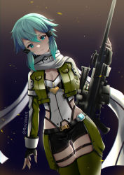Rule 34 | 1girl, absurdres, anti-materiel rifle, artist name, blue eyes, blue hair, bolt action, closed mouth, fingerless gloves, gloves, green thighhighs, gun, hair between eyes, highres, holding, holding gun, holding weapon, jacket, looking at viewer, pgm hecate ii, rifle, ryuuneart, scope, short hair, short shorts, shorts, sinon, sniper rifle, solo, sword art online, thigh strap, thighhighs, thighs, weapon