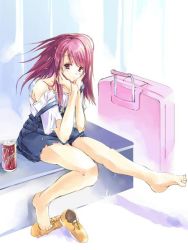 Rule 34 | 00s, 1girl, bare shoulders, barefoot, can, dr pepper, drink can, feet, female focus, full body, kaleido star, naegino sora, shoes, soda can, soft drink, solo, spread toes, suitcase, toes