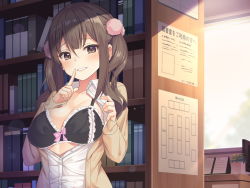 Rule 34 | blouse, blush, book, bookshelf, bra, breasts, brown eyes, brown hair, calendar, cardigan, cleavage, collared shirt, evening, finger to mouth, highres, indoors, looking at viewer, open clothes, open shirt, plant, shirt, smile, solo, standing, super nagoyaka, twintails, underwear, white shirt, window