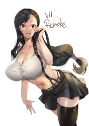 Rule 34 | 1girl, absurdres, bare shoulders, black skirt, breasts, brown eyes, brown hair, cleavage, collarbone, final fantasy, final fantasy vii, highres, large breasts, long hair, low-tied long hair, midriff, miniskirt, navel, open mouth, pleated skirt, shirt, skirt, suspender skirt, suspenders, tamada heijun, tank top, taut clothes, taut shirt, thighhighs, thighs, tifa lockhart, white tank top