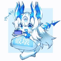 Rule 34 | absurdres, blue background, blue eyes, bracelet, breasts, cake, colored skin, extra eyes, eyes visible through hair, fang, food, full body, hair between eyes, hair over one eye, highres, holding, holding plate, horns, huge breasts, japanese text, jewelry, long hair, monster girl, no nose, open mouth, original, plate, pointy ears, running, shortstack, sidelocks, simple background, skin fang, skindentation, tail, thick eyebrows, thick thighs, thighhighs, thighs, third eye, translation request, white hair, white skin, white thighhighs, yasume (cheap melon soda)