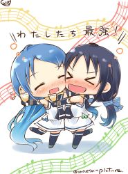 Rule 34 | &gt; &lt;, 10s, 2girls, :d, bare shoulders, beamed quavers, black legwear, blue hair, blue ribbon, blush, chibi, commentary request, drunk, elbow gloves, closed eyes, gloves, gradient hair, hair ribbon, highres, holding, kantai collection, long hair, low twintails, mae (maesanpicture), multicolored hair, multiple girls, musical note, neckerchief, nose blush, numbered, open mouth, quaver, ribbon, samidare (kancolle), school uniform, serafuku, shirt, skirt, sleeveless, sleeveless shirt, smile, staff (music), suzukaze (kancolle), thighhighs, translation request, twintails, very long hair, xd, zettai ryouiki