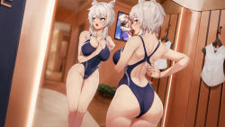 Rule 34 | 1girl, absurdres, animal ear fluff, animal ears, arm behind back, ass, bare arms, bare shoulders, blouse, blue eyes, blue one-piece swimsuit, blurry, blush, breasts, carpet, cat ears, collarbone, commentary request, competition school swimsuit, cosplay request, covered navel, cowboy shot, daydream (zhdkffk21), depth of field, dress, english text, eyelashes, feet out of frame, highleg, highleg swimsuit, highres, indoors, large breasts, leaning forward, legs together, looking at viewer, makeup, mascara, mirror, one-piece swimsuit, open mouth, original, poster (object), reflection, school swimsuit, shirt, short hair with long locks, sidelocks, silver hair, sleeveless, sleeveless shirt, solo, standing, surprised, swimsuit, thighs, tongue, two-tone swimsuit, wavy hair, white shirt, wide hips, wooden floor