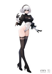 Rule 34 | 1girl, 2b (nier:automata), absurdres, black gloves, black thighhighs, boots, breasts, cleavage, eyulam, facing viewer, full body, gloves, hairband, high heels, highleg, highleg leotard, highres, leotard, mask, mole, mole under mouth, nier:automata, nier (series), parted lips, puffy sleeves, shiny skin, short hair, smile, solo, thigh boots, thighhighs, white background, white leotard, white thighhighs, wide hips
