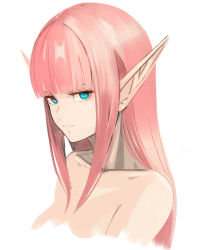 Rule 34 | 1girl, blunt bangs, closed mouth, collarbone, cropped torso, long hair, nude, original, pink hair, pointy ears, portrait, sidelocks, simple background, slit pupils, solo, straight hair, sushi (sashimise), white background